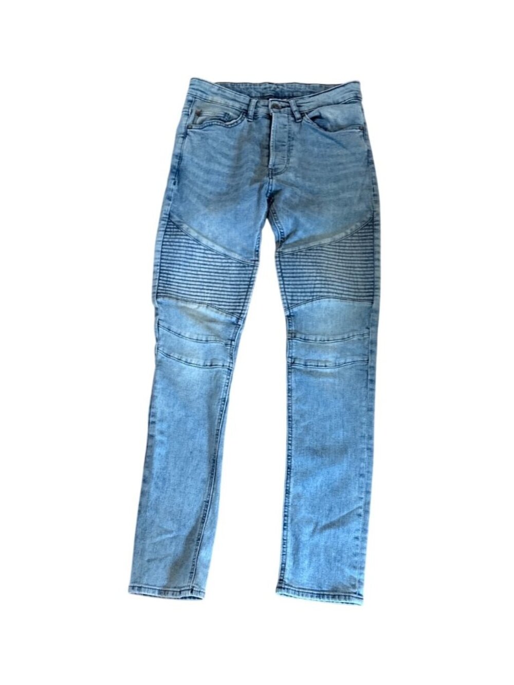 H&M Divided Blue Moto Skinny Jeans Mens W28 With Button Fly & Ribbed Knee Detail